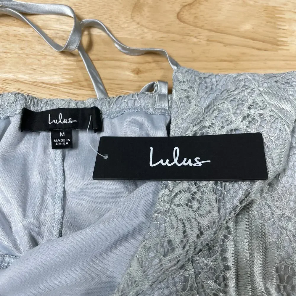Lulu’s NWT Lovely in Lace Dusty Blue Lace Sleeveless Wrap Maxi Dress Size M - Picture 4 of 11